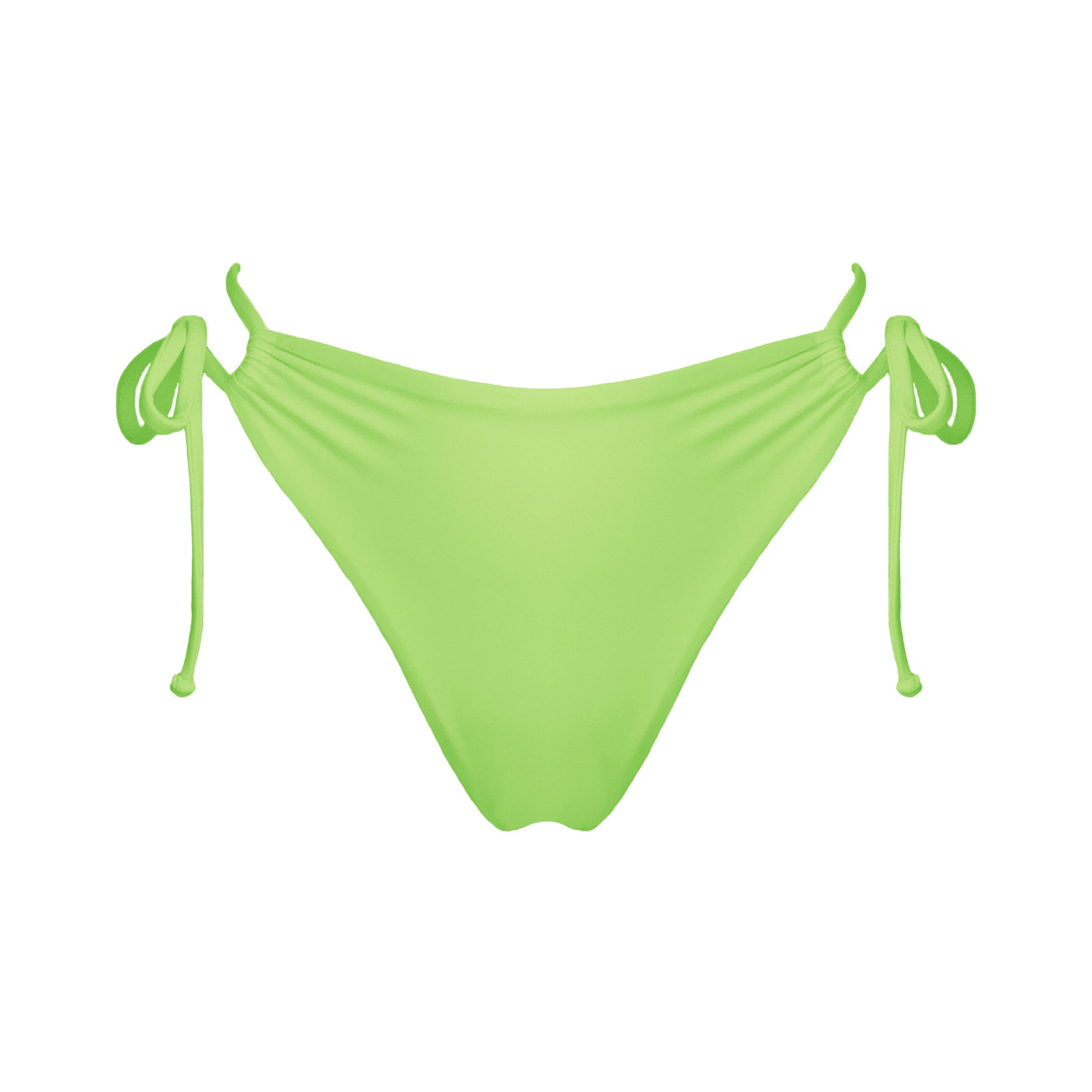 Light neon green strappy mid-rise bikini bottoms with high cut legs and cheeky coverage.