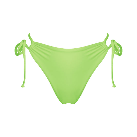 Light neon green strappy mid-rise bikini bottoms with high cut legs and cheeky coverage.