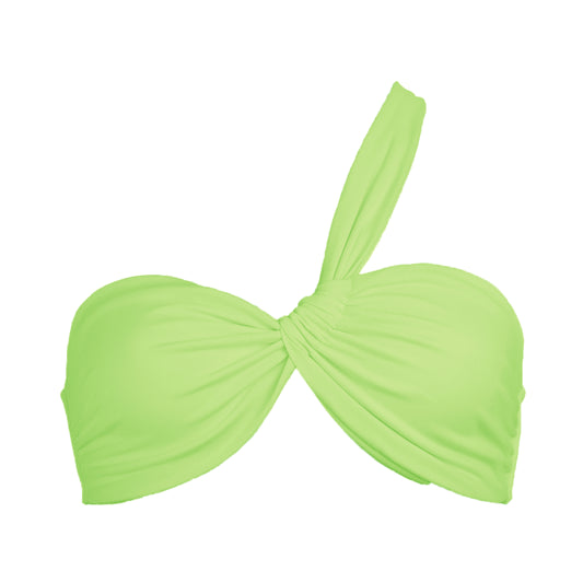 Light neon green asymmetrical strap bikini top with adjustable tie back strap.