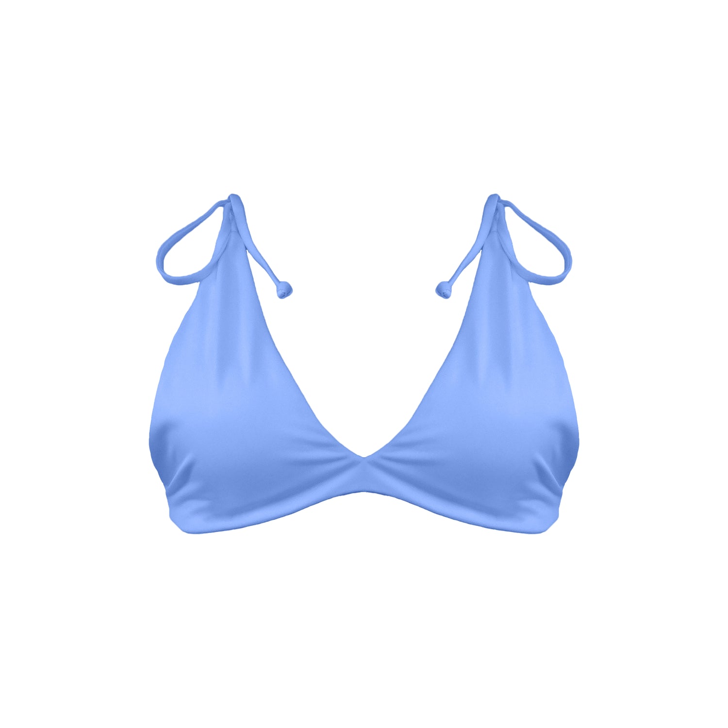 Periwinkle blue Capri bralette style bikini top with adjustable tie shoulder straps.