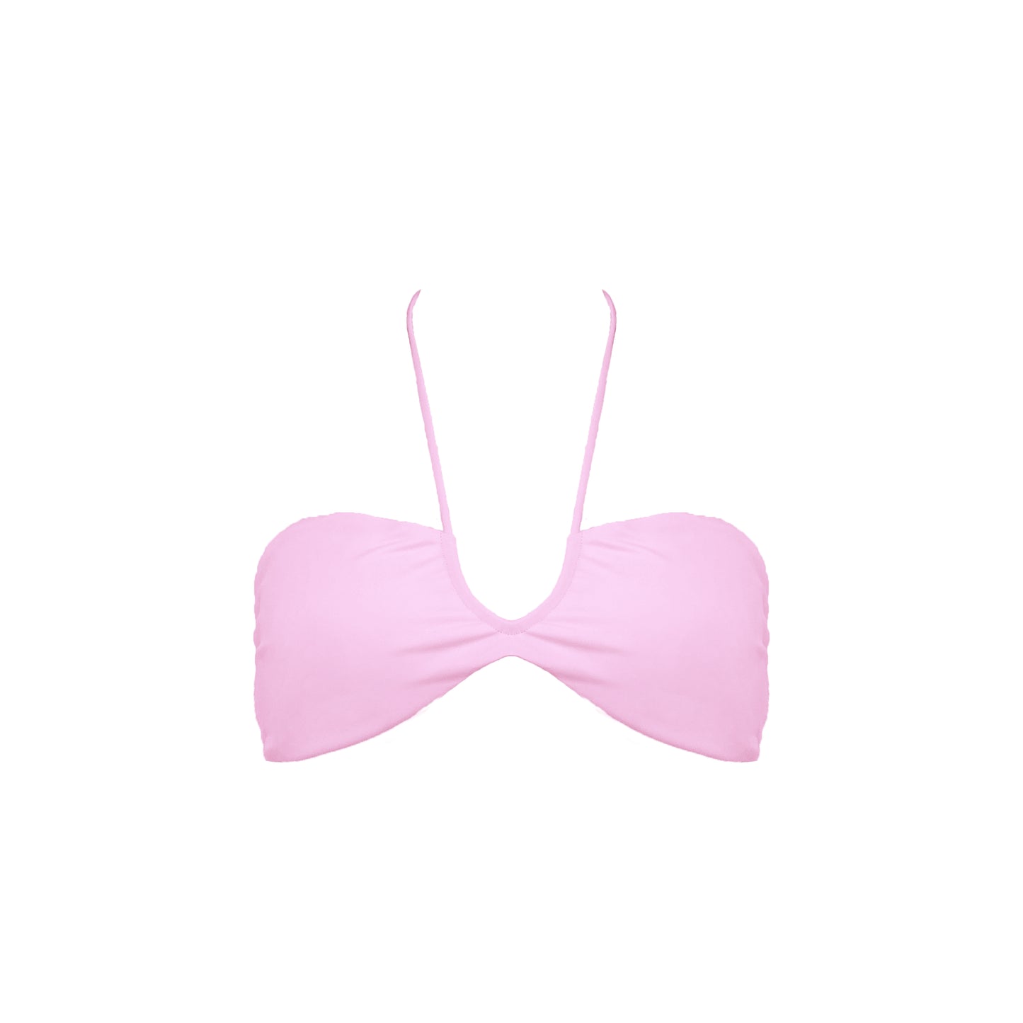 Pastel pink strapless bikini top with front halter strap and adjustable tie back.