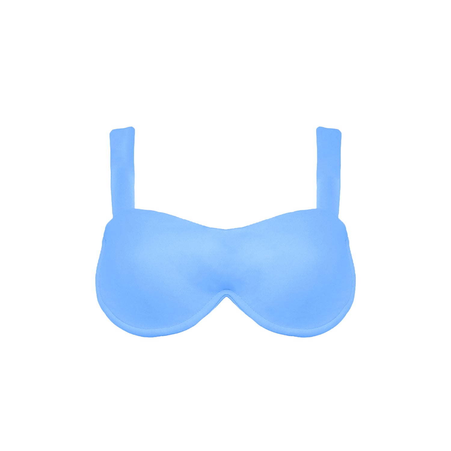Periwinkle blue straight neck, underwire bikini top with wide shoulder straps and back hook closure.