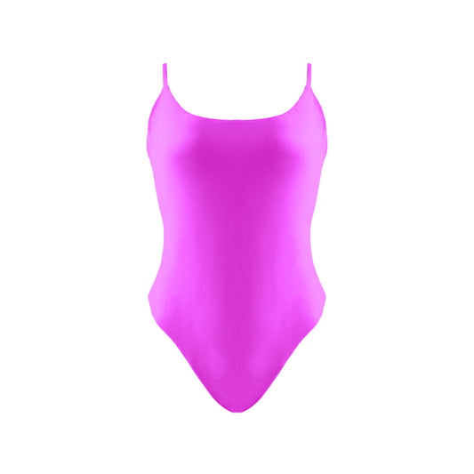 Barbie pink Simplistic scoop neck one piece swimsuit with tie back, high cut legs and cheeky bum coverage.