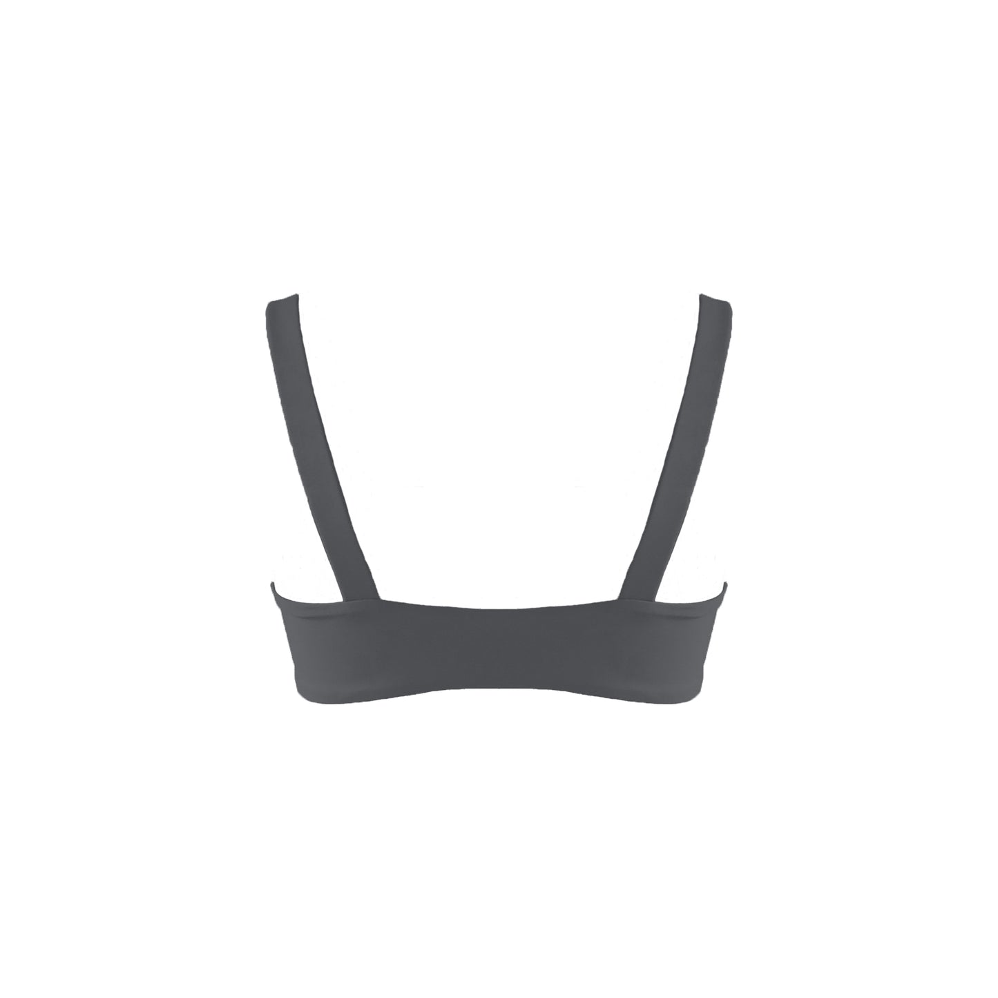 Back view of dark grey Straight neck bandeau style bikini top with wide straps.