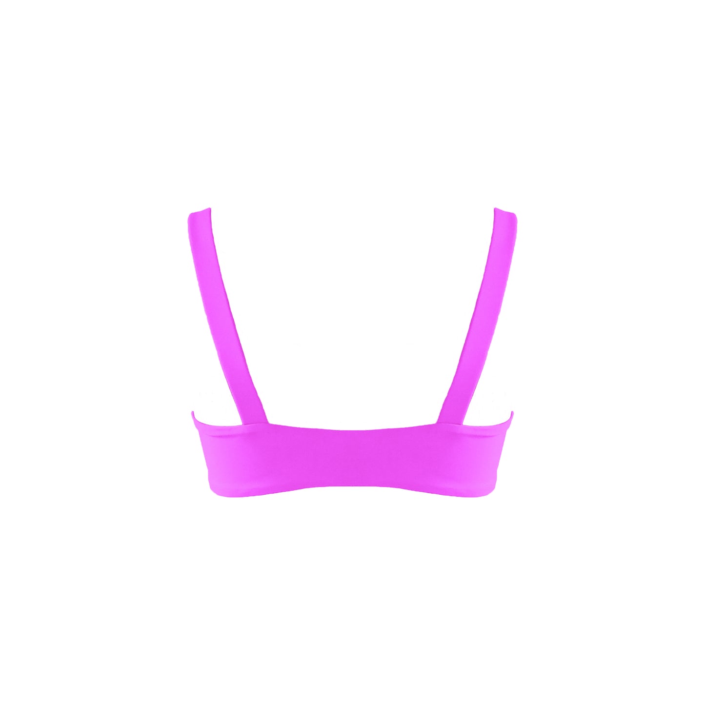 Back view of barbie pink Straight neck bandeau style bikini top with wide straps.