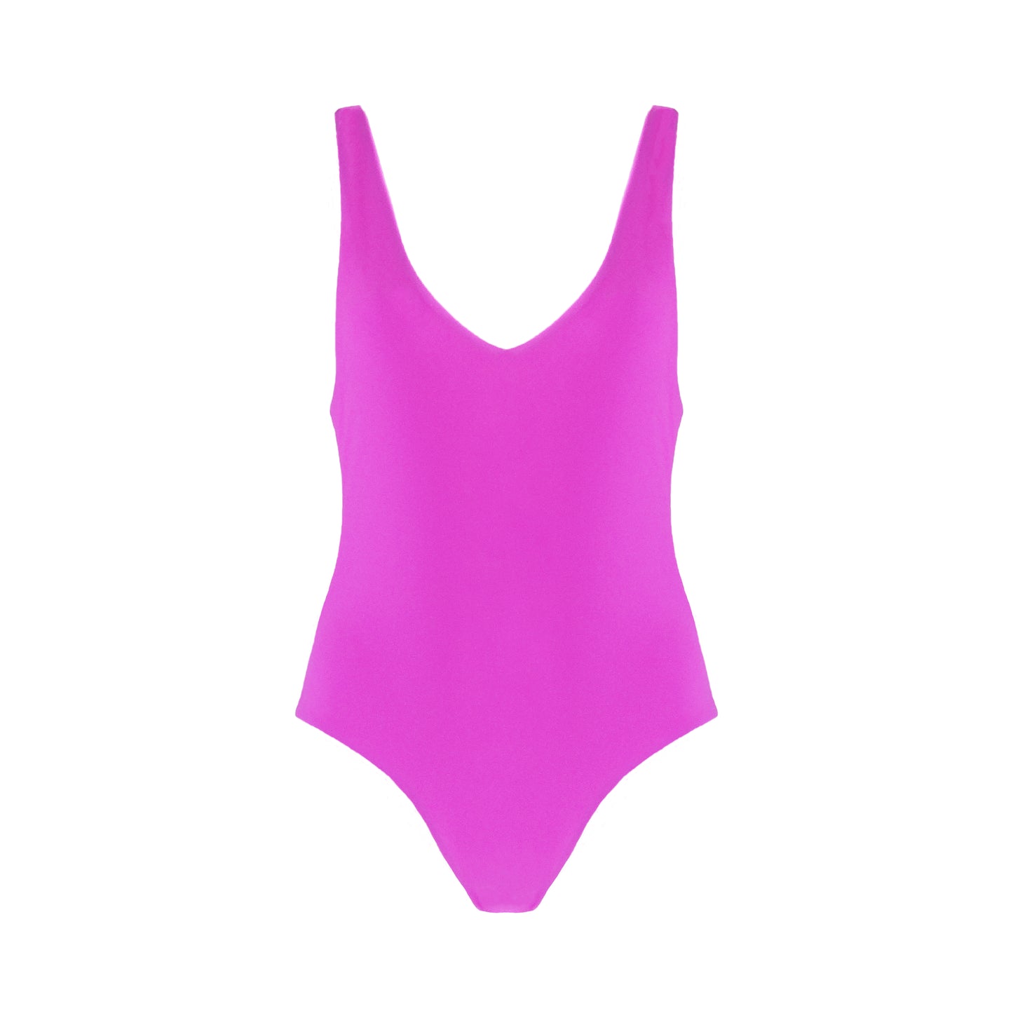 Barbie pink plunging v-neck one piece swimsuit with low back, high cut legs, and cheeky bum coverage.