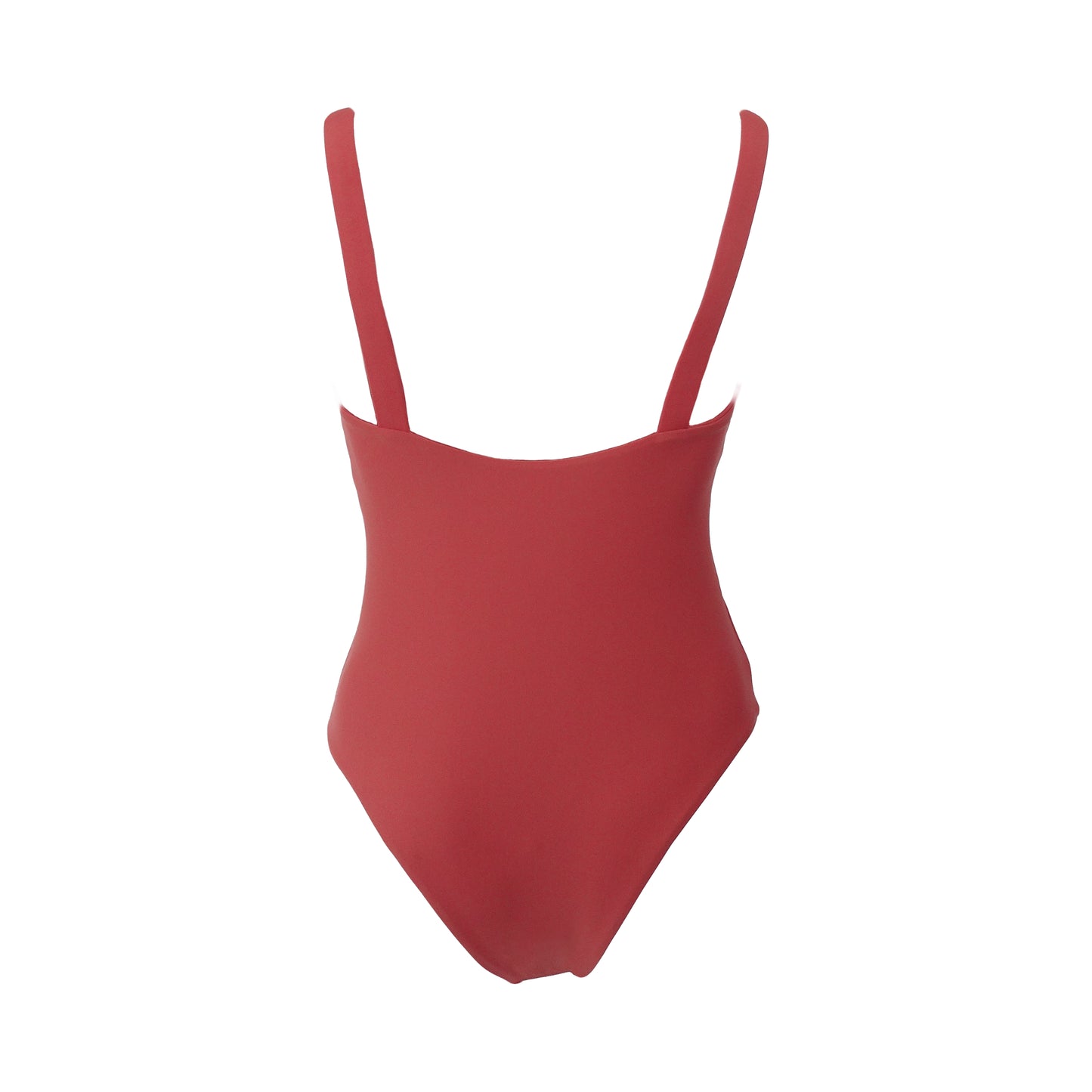 Back view of terracotta straight square neck one piece swimsuit with adjustable gold belt buckle shoulder straps, high cut legs and cheeky bum coverage.