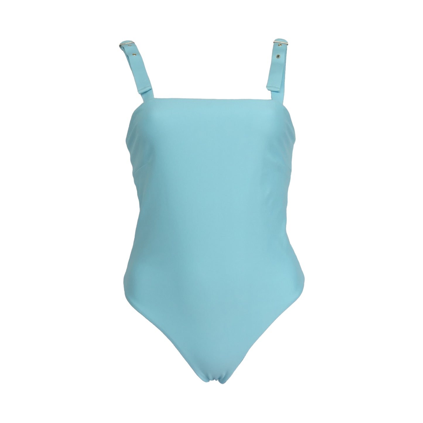 Ocean blue straight square neck one piece swimsuit with adjustable gold belt buckle shoulder straps, high cut legs and cheeky bum coverage.