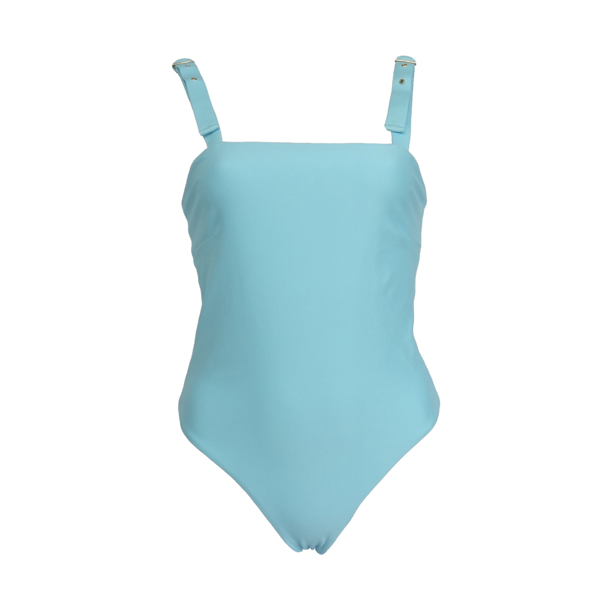 Ocean blue straight square neck one piece swimsuit with adjustable gold belt buckle shoulder straps, high cut legs and cheeky bum coverage.
