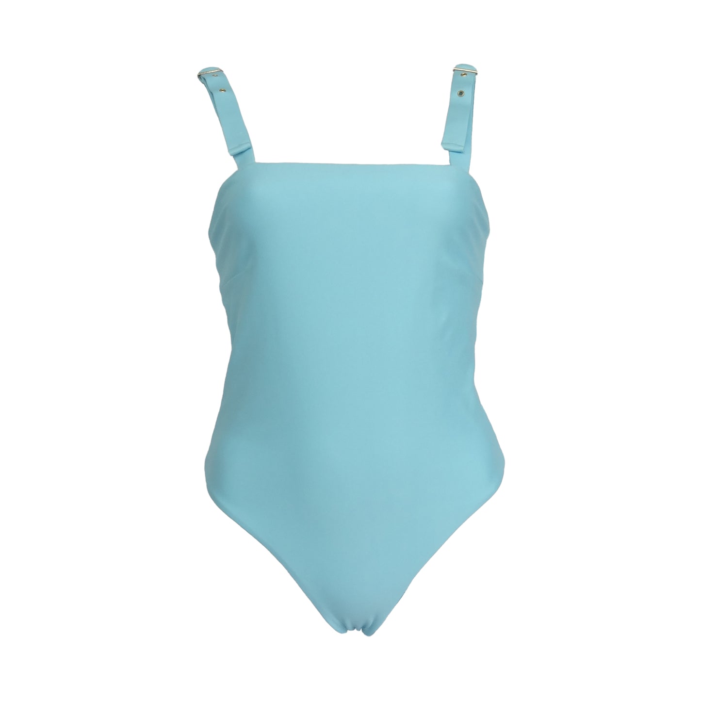 Ocean blue straight square neck one piece swimsuit with adjustable gold belt buckle shoulder straps, high cut legs and cheeky bum coverage. 