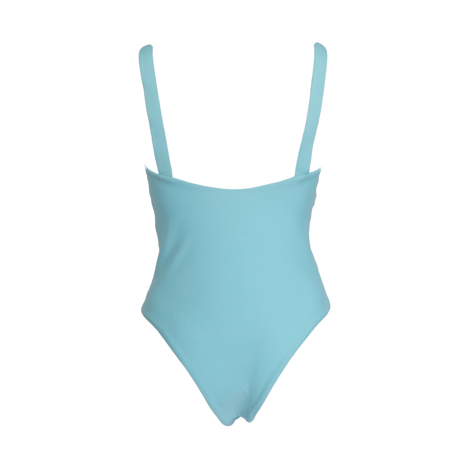 Back view of ocean blue straight square neck one piece swimsuit with adjustable gold belt buckle shoulder straps, high cut legs and cheeky bum coverage.