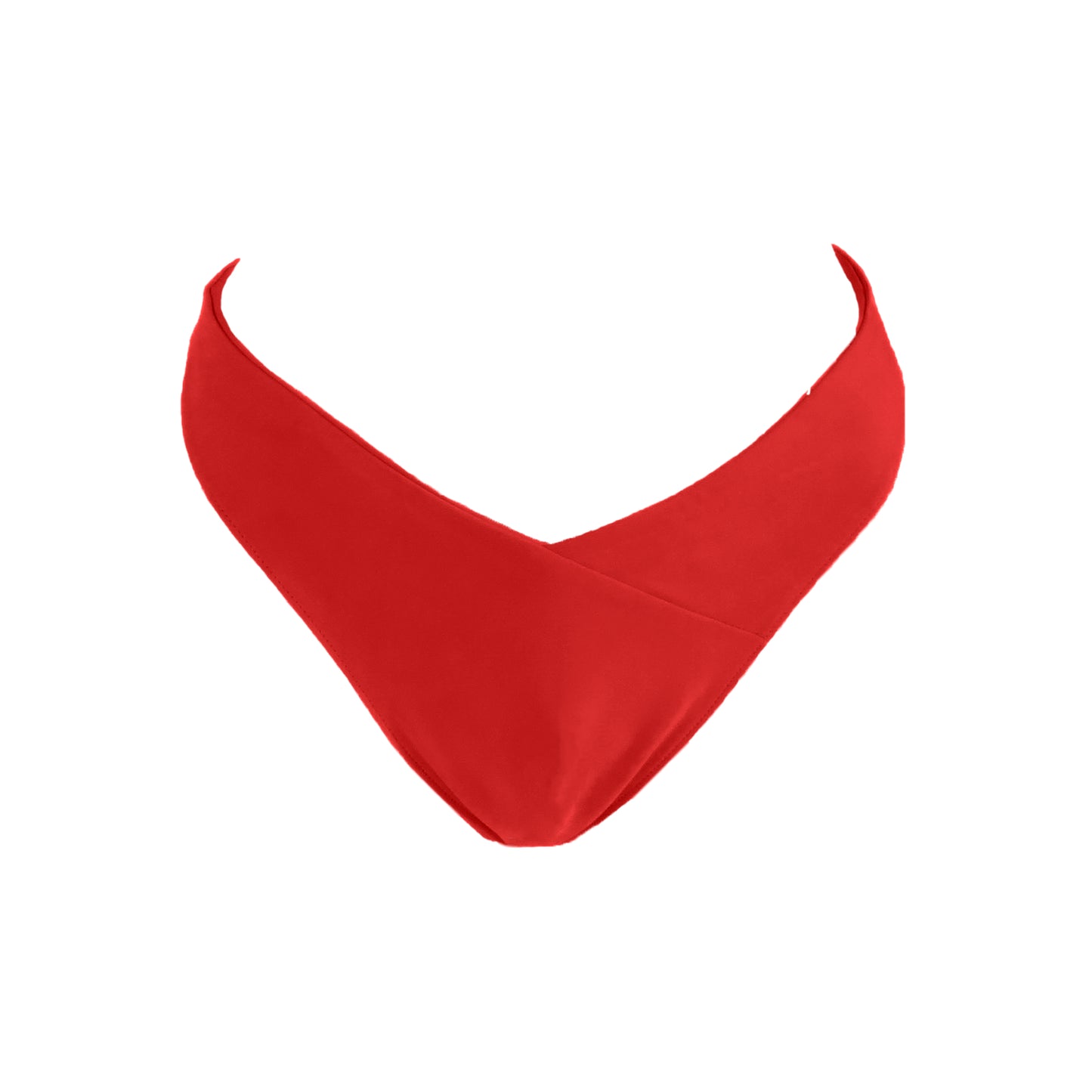 Red v shape mid rise bikini bottom with asymmetric seam detail, high cut sides and cheeky bum coverage.