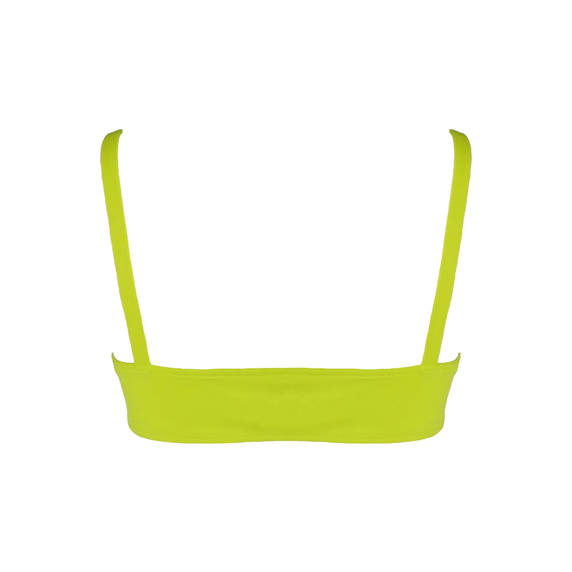 back view of neon yellow Scoop neck bralette style bikini top.