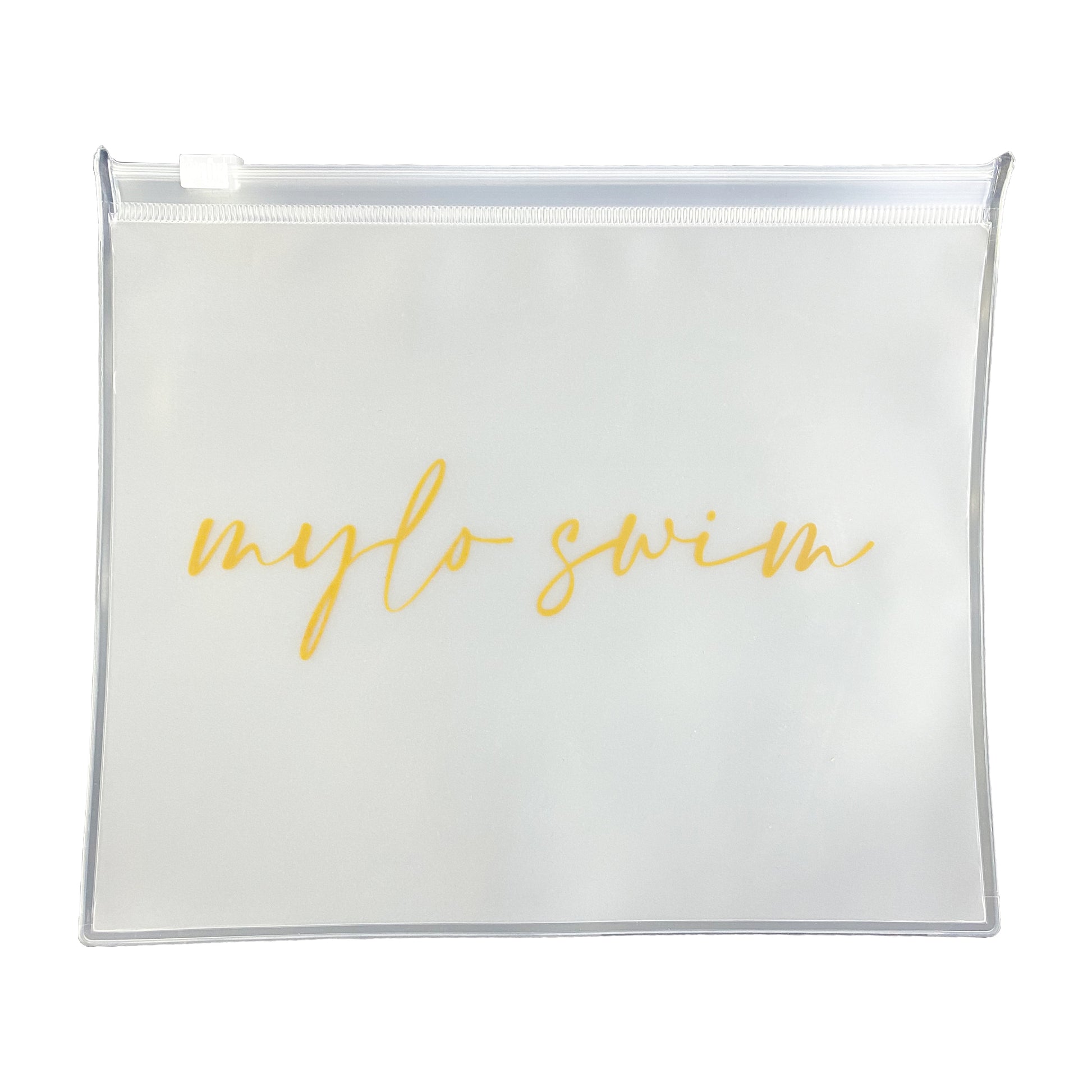 Biodegradable ziploc pouch for wet swimwear or beach items. Pouch has mylo swim scripted in gold across.