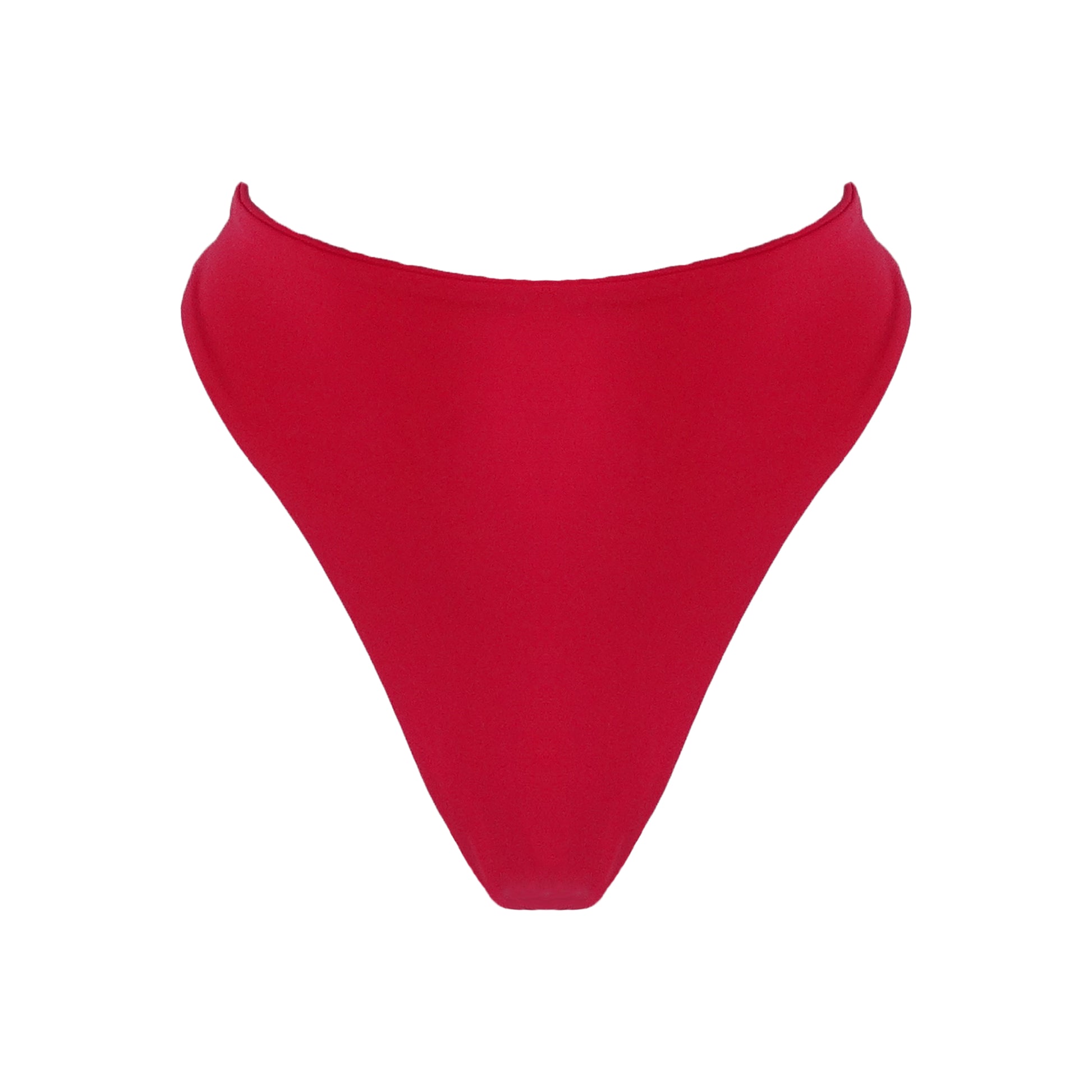 Red High waist thong bikini bottom with high cut legs and thong bum coverage.