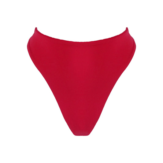 Red High waist thong bikini bottom with high cut legs and thong bum coverage.