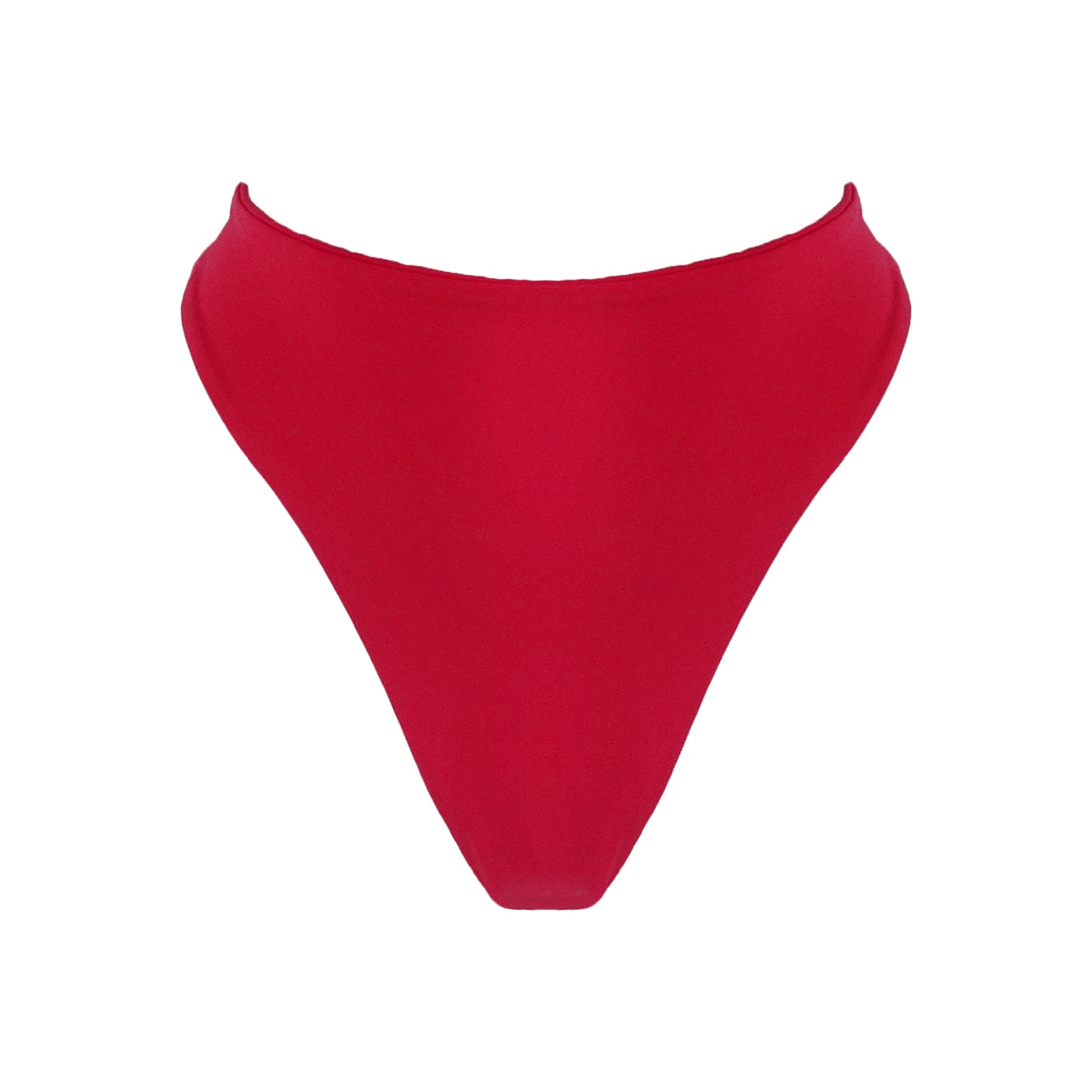 Red High waist thong bikini bottom with high cut legs and thong bum coverage.
