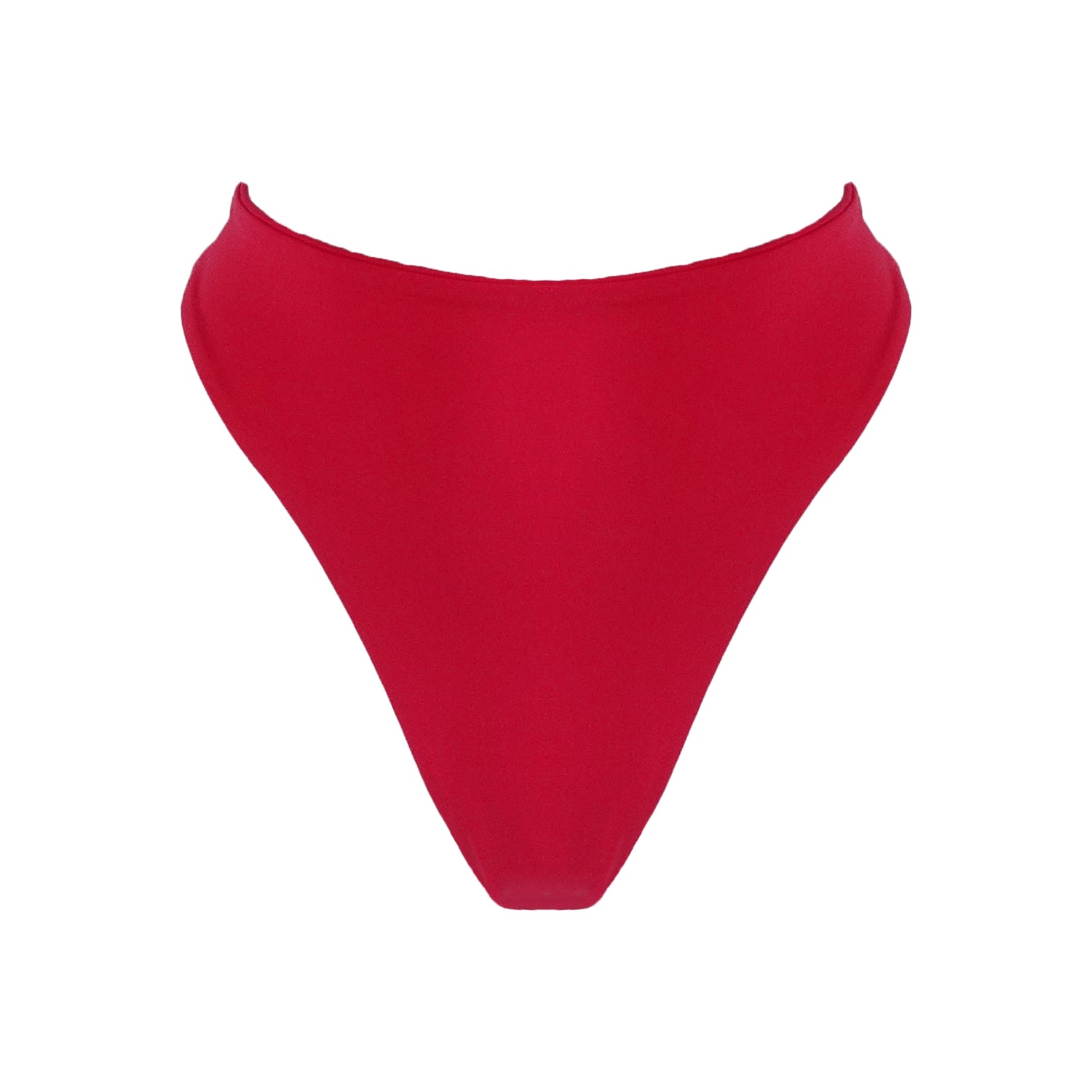 Red High waist thong bikini bottom with high cut legs and thong bum coverage.