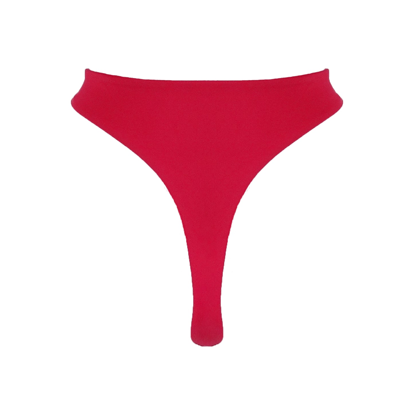 Back view of Red High waist thong bikini bottom with high cut legs and thong bum coverage.