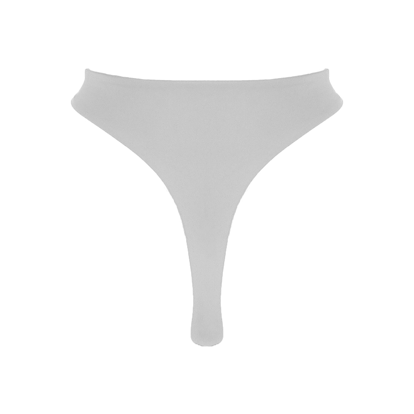 Back view of light grey High waist thong bikini bottom with high cut legs and thong bum coverage.