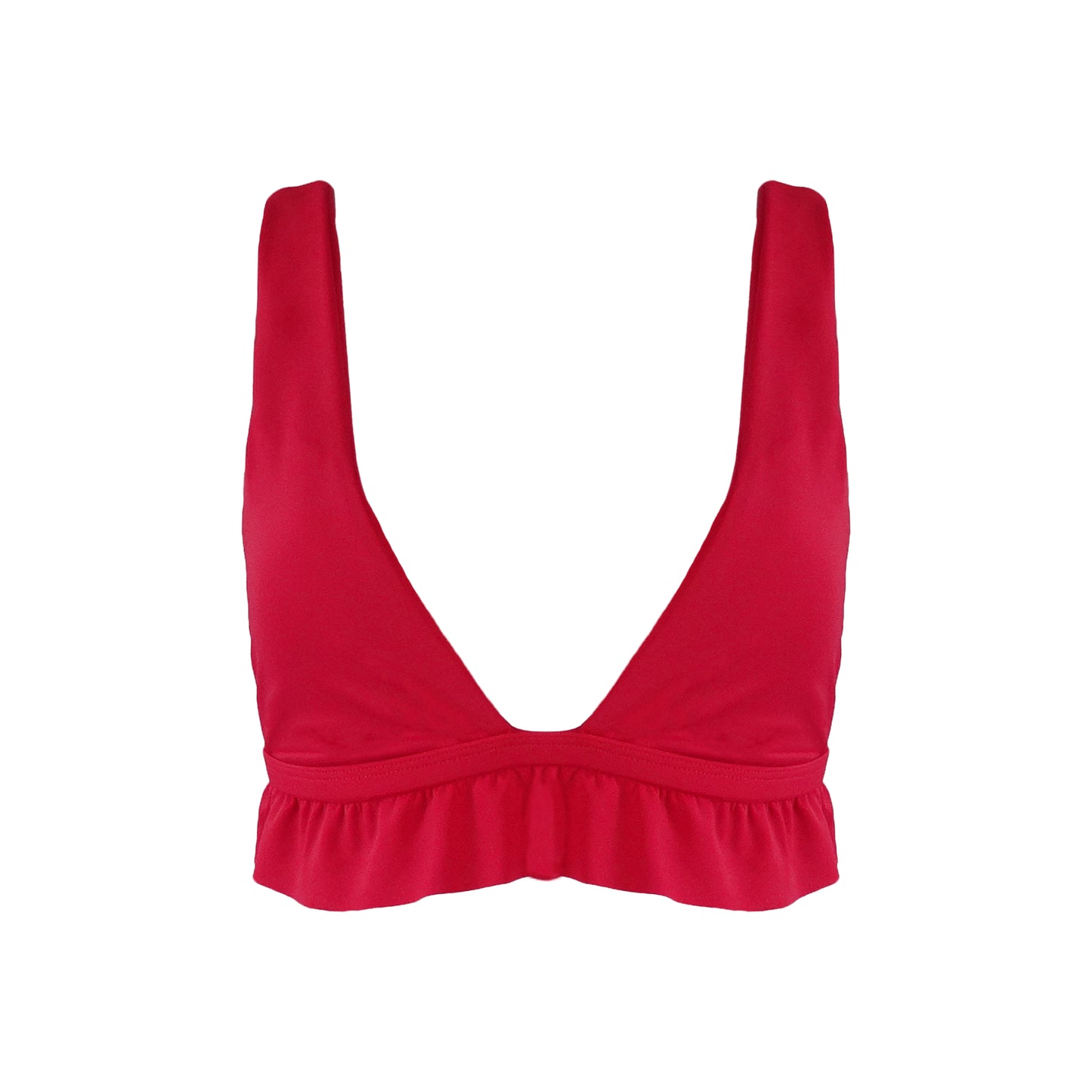Red bralette style Plunging V-neck bikini top with ruffle hem.