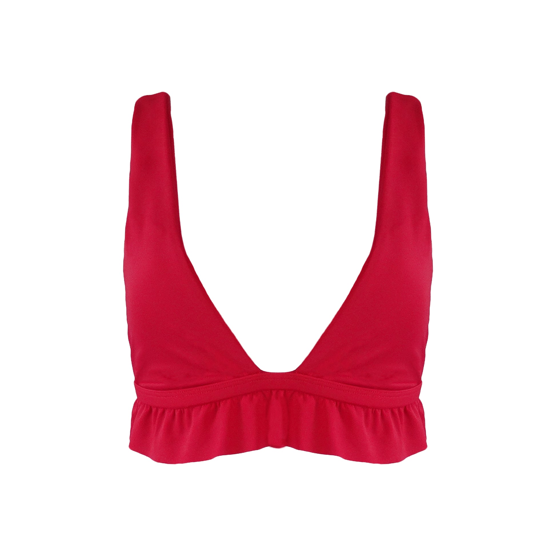 Red bralette style Plunging V-neck bikini top with ruffle hem.