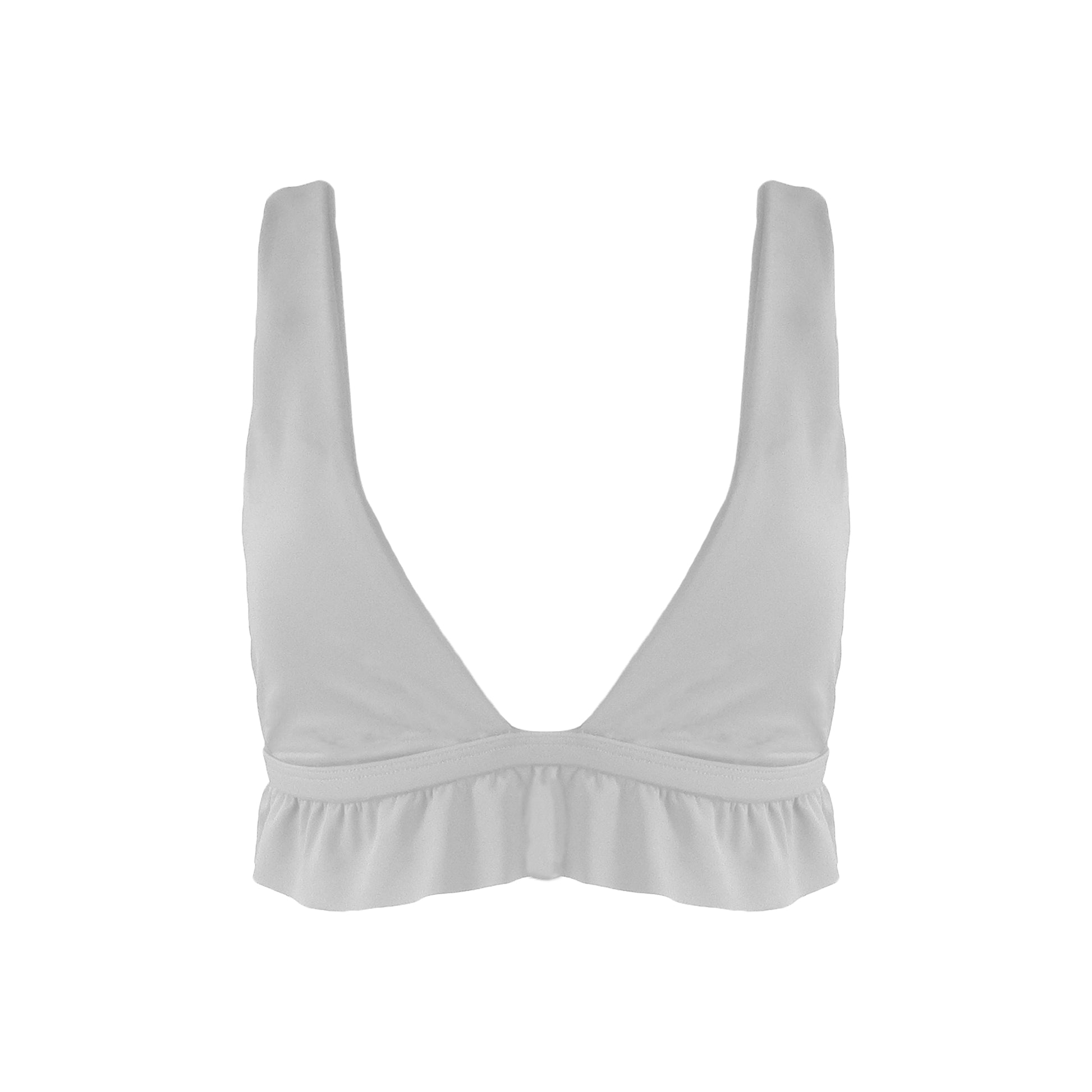 Light grey bralette style Plunging V-neck bikini top with ruffle hem.