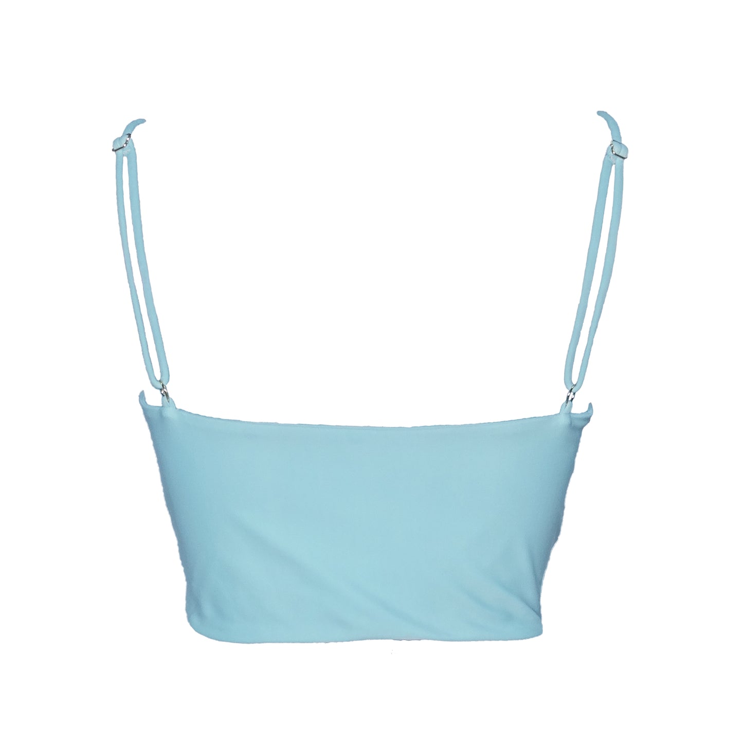 Back view of Ocean blue bustier bikini top with adjustable straps, underwire and princess seam boning.