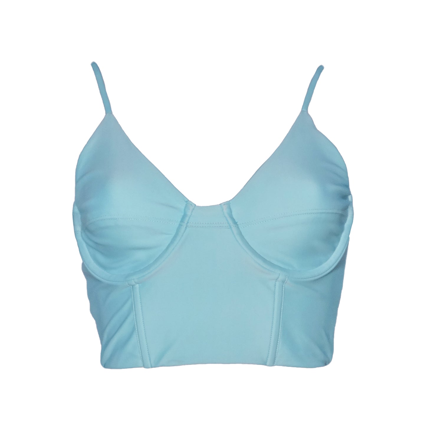 Ocean blue bustier bikini top with adjustable straps, underwire and princess seam boning.