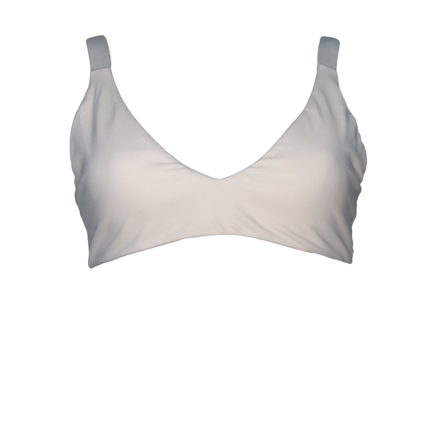 White bralette bikini top with plunging v-neck, wide shoulder straps, and gold belt buckle back closure.