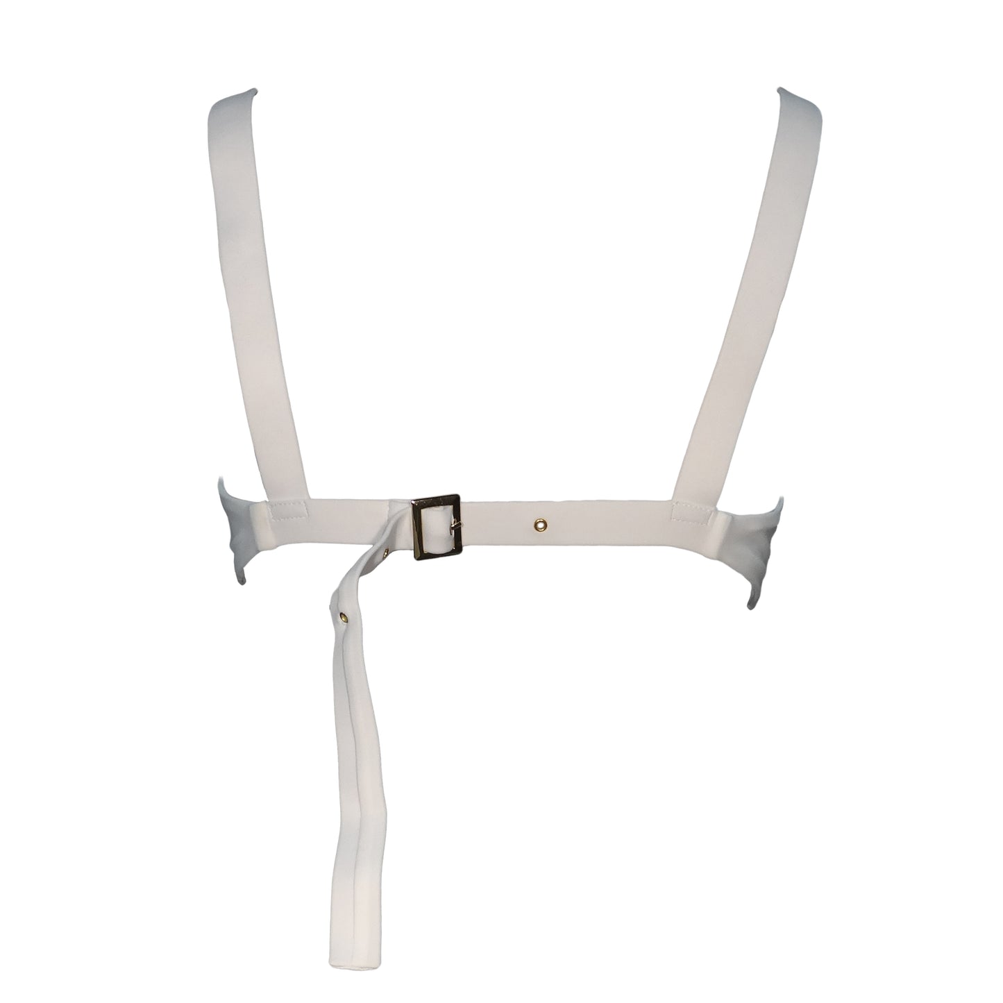 Back view of white bralette bikini top with plunging v-neck, wide shoulder straps, and gold belt buckle back closure.