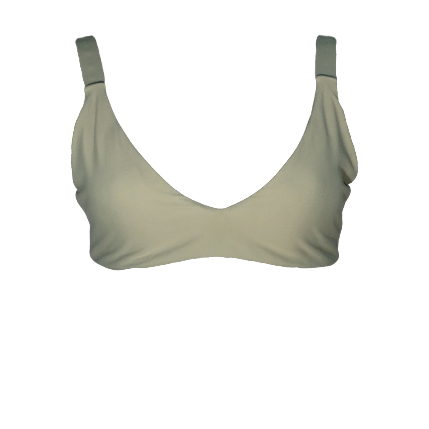 Sage bralette bikini top with plunging v-neck, wide shoulder straps, and gold belt buckle back closure.