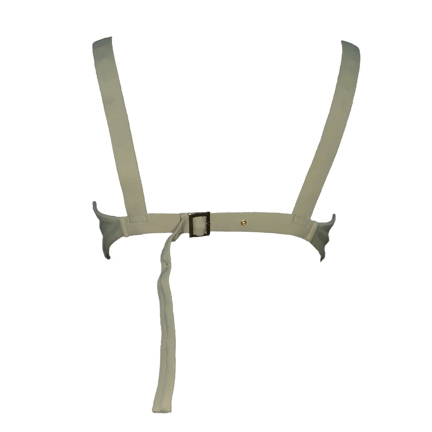 Back view of sage bralette bikini top with plunging v-neck, wide shoulder straps, and gold belt buckle back closure.