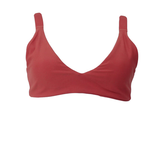 Terracotta bralette bikini top with plunging v-neck, wide shoulder straps, and gold belt buckle back closure. 