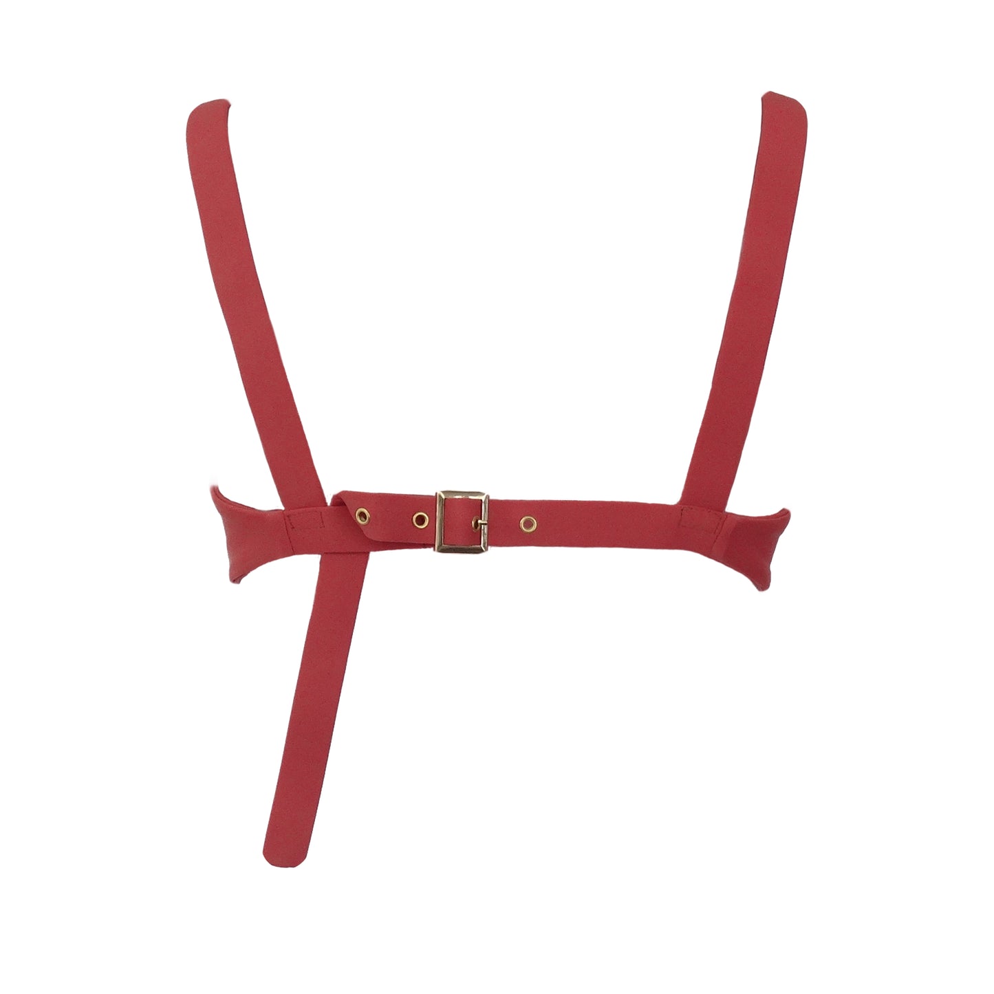Back view of terracotta bralette bikini top with plunging v-neck, wide shoulder straps, and gold belt buckle back closure.