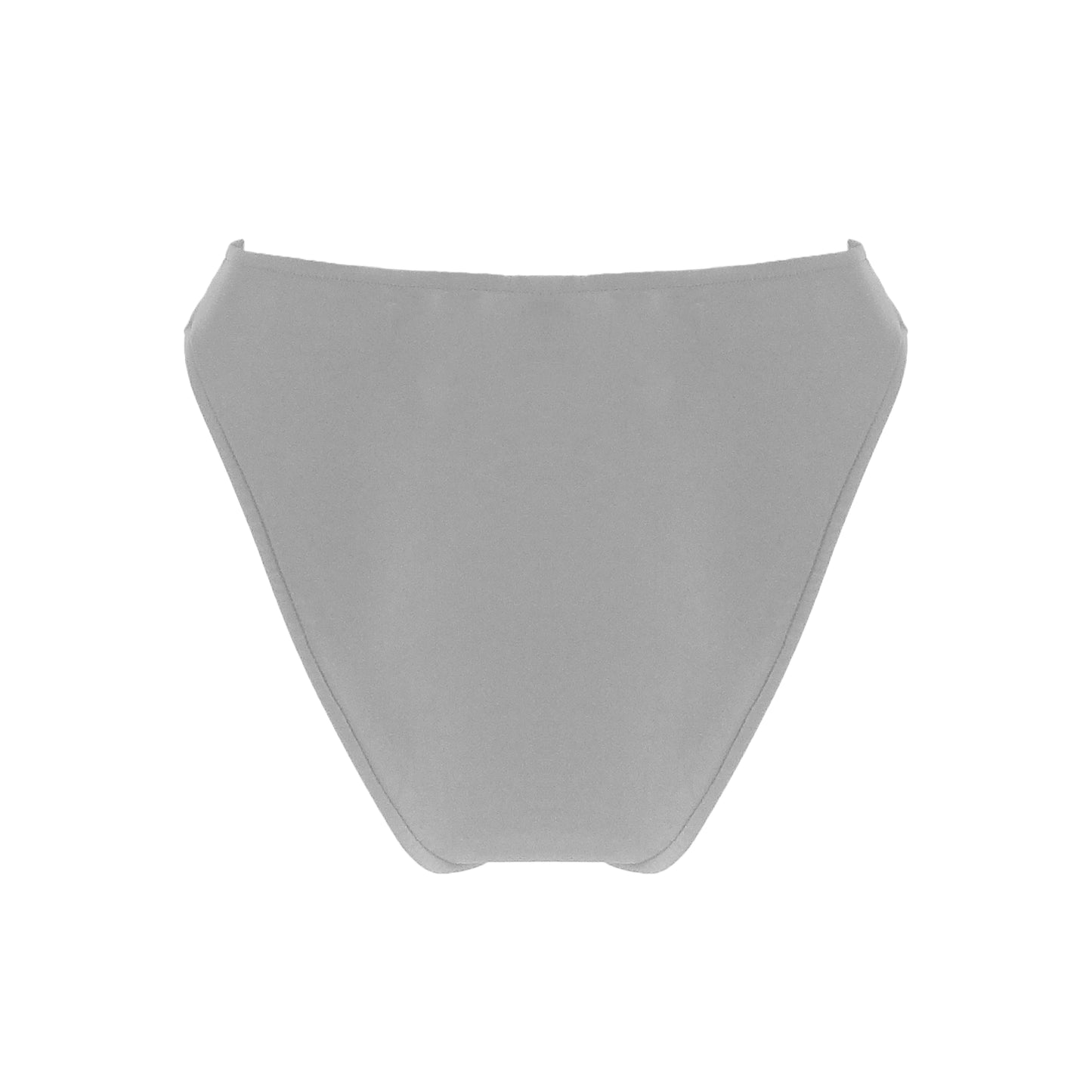 Back view of light grey High waist bikini bottom with high cut legs and cheeky bum coverage.