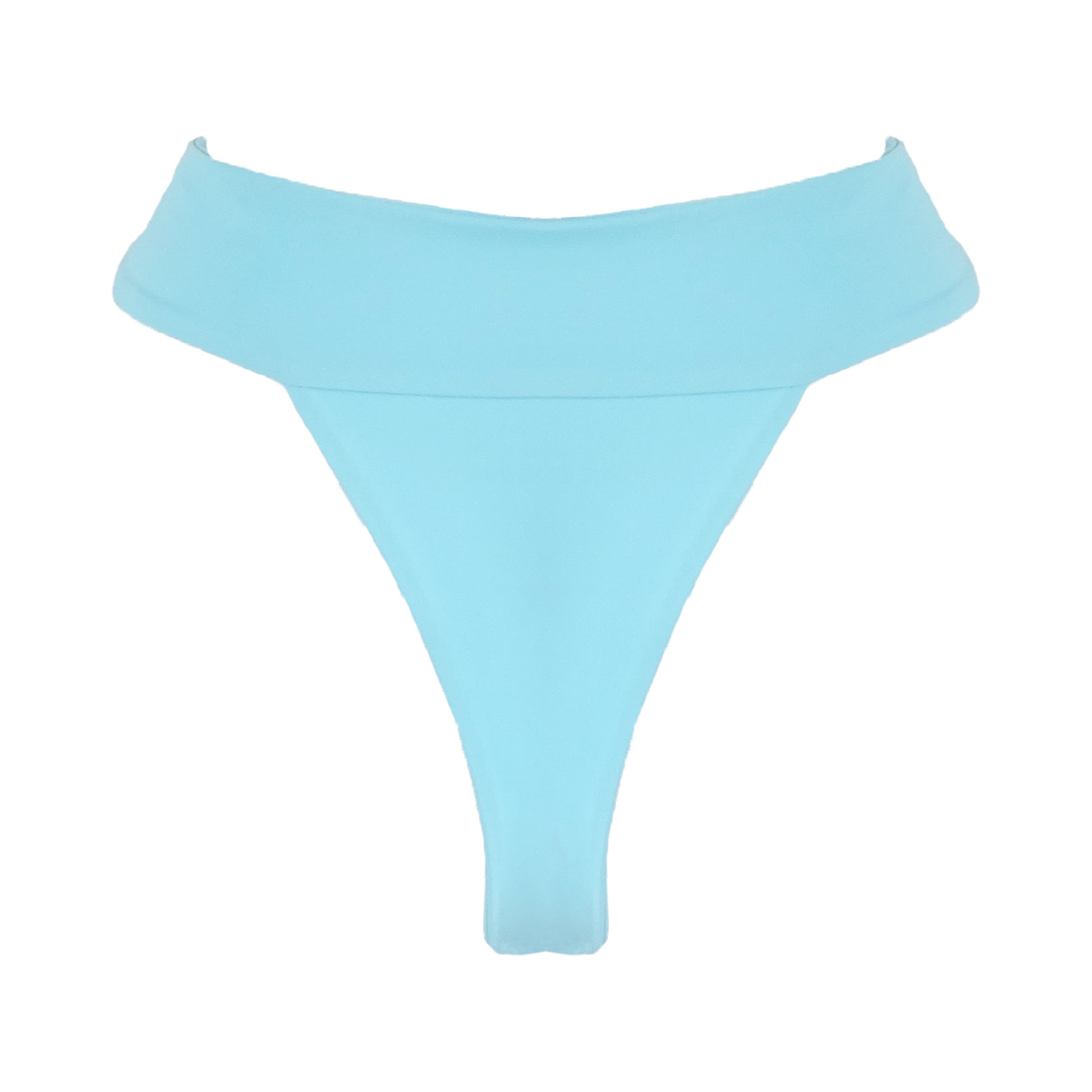 Back of Ocean blue banded high waist thong bikini bottom.