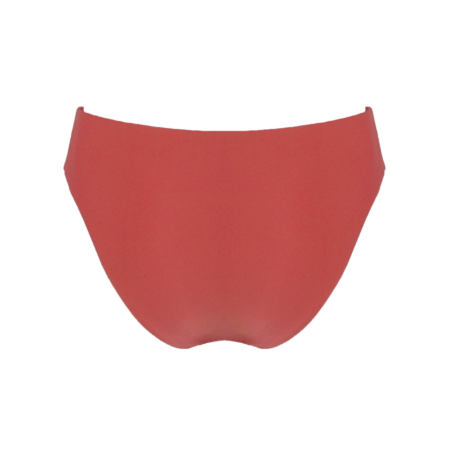 Back of terracotta rustic orange high waist cheeky bikini bottom with high cut legs, shapewear benefits, and full bum coverage.