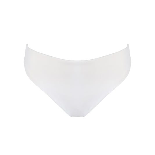 White high waist cheeky bikini bottom with high cut legs, shapewear benefits, and full bum coverage.