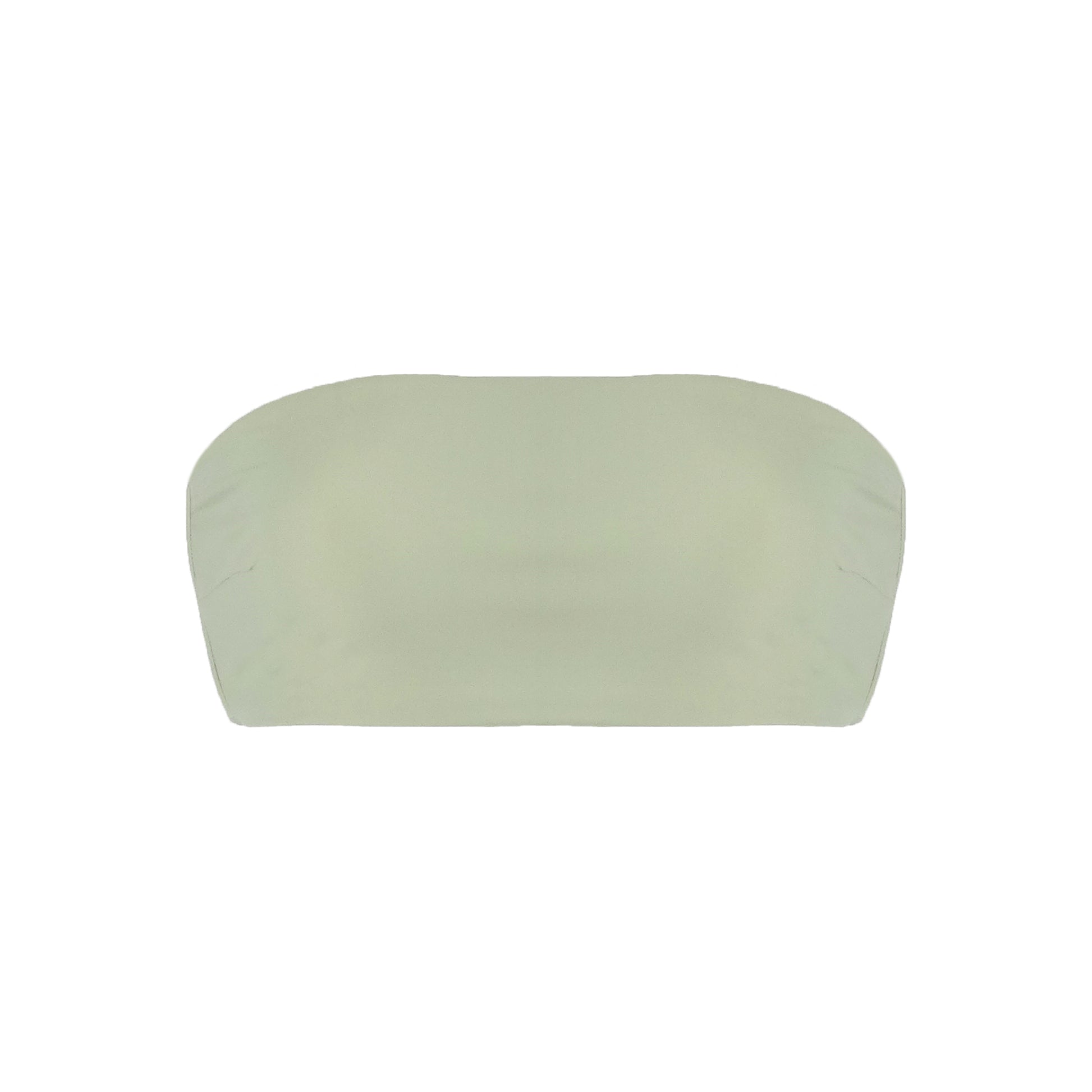 Sage green strapless bikini top with an adjustable tie back closure.