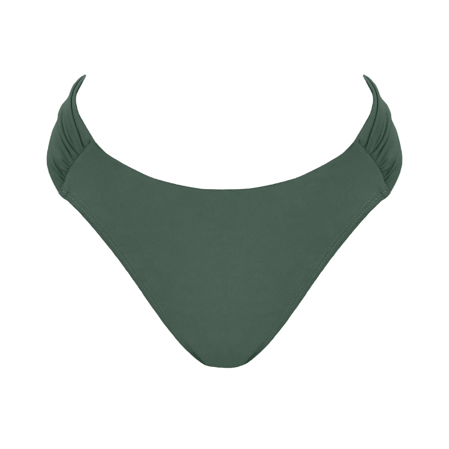 Sage Green Mid rise bikini bottom with cheeky coverage and wide gathered sides.