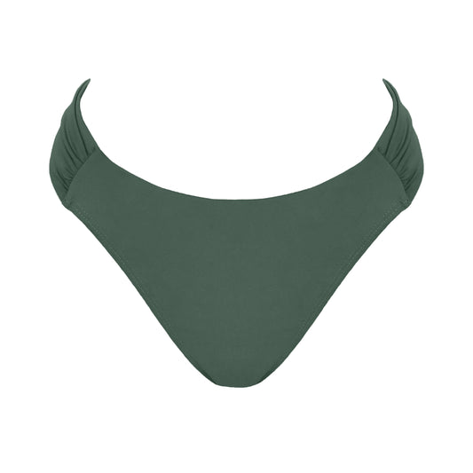 Sage Green Mid rise bikini bottom with cheeky coverage and wide gathered sides.