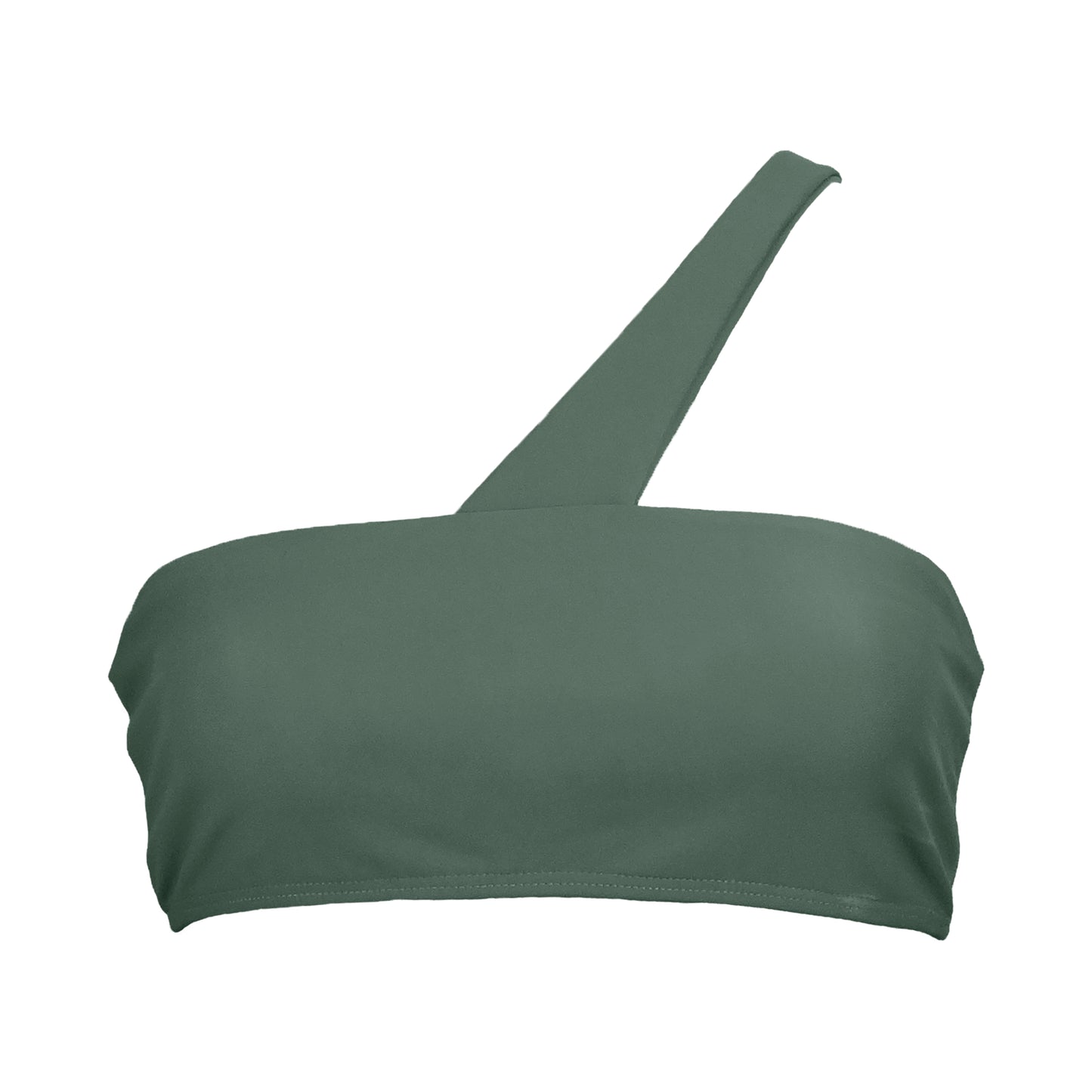 Sage Green Asymmetric bikini top with strapless top fit and double back strap detail.