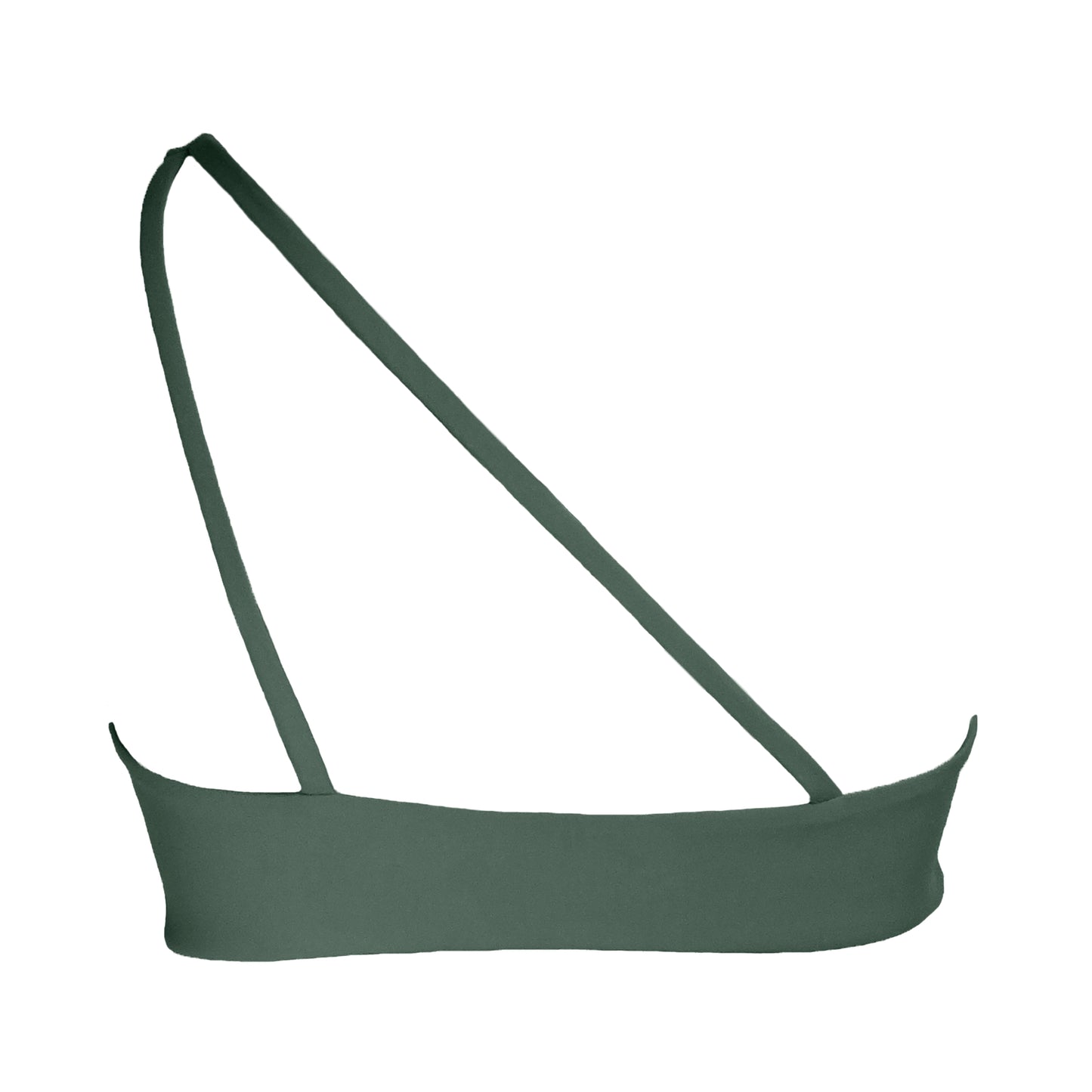 Bakc view of sage green Asymmetric bikini top with strapless top fit and double back strap detail.