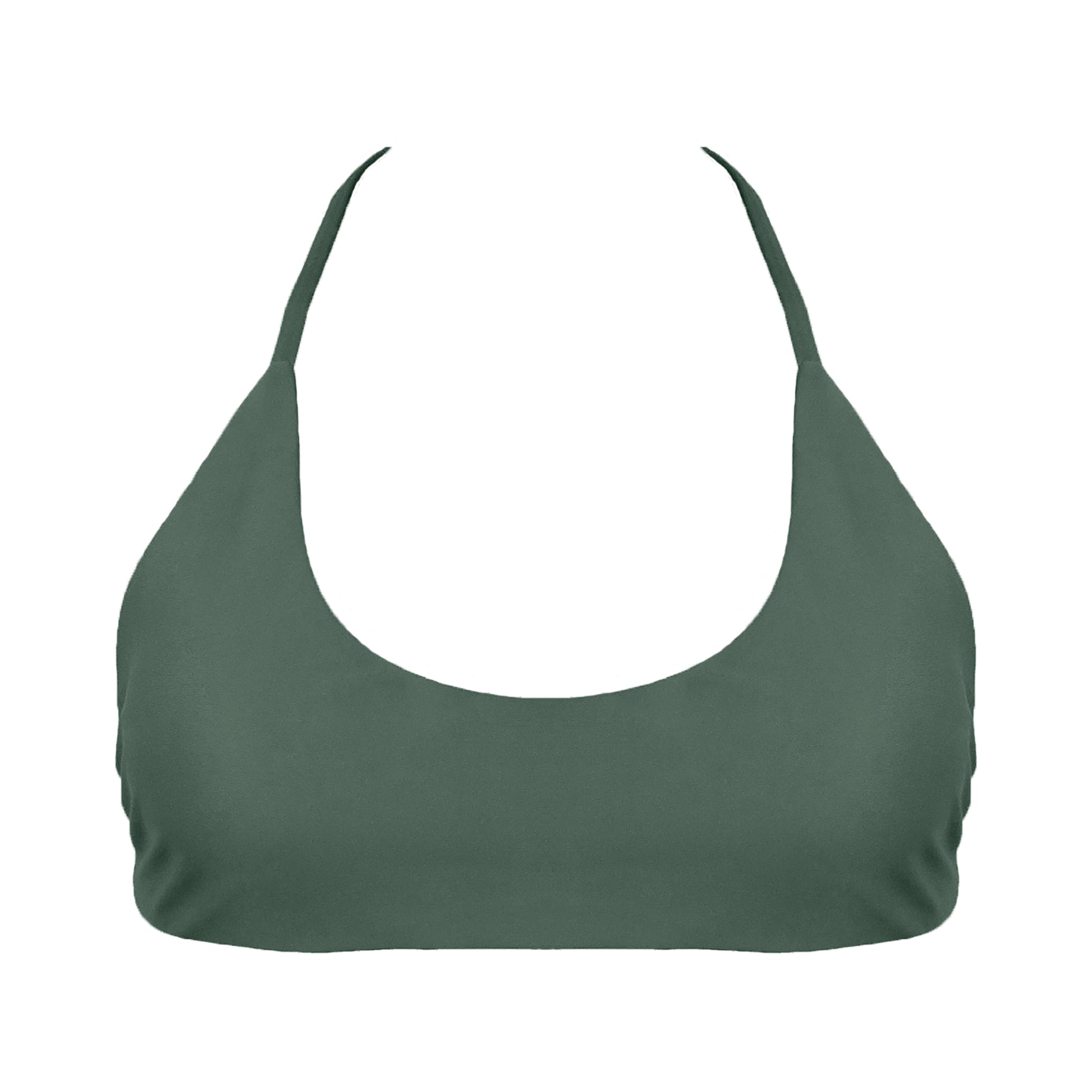 Sage green Sports bra inspired bikini top with a bralette scoop neckline and skinny racerback straps.