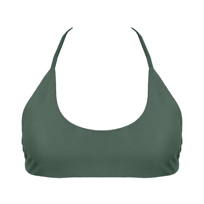 Sage green Sports bra inspired bikini top with a bralette scoop neckline and skinny racerback straps.