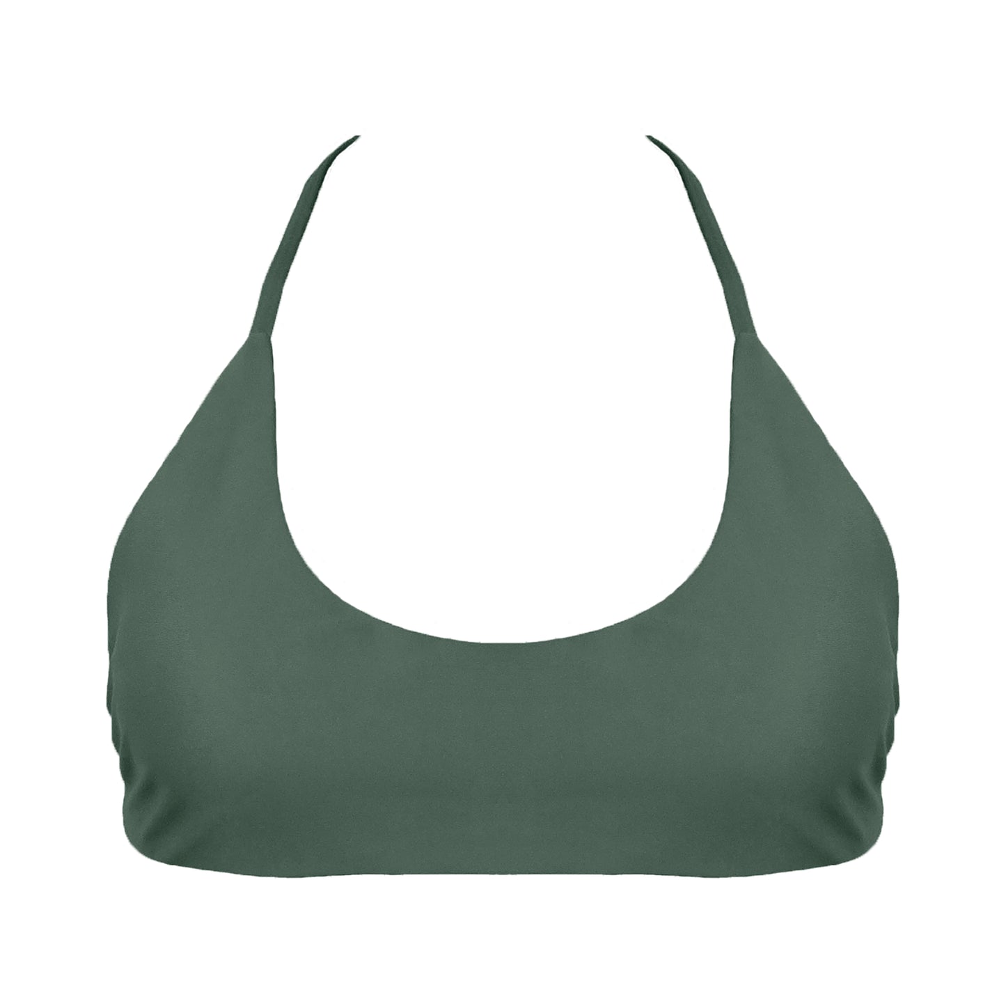 Sage green Sports bra inspired bikini top with a bralette scoop neckline and skinny racerback straps.
