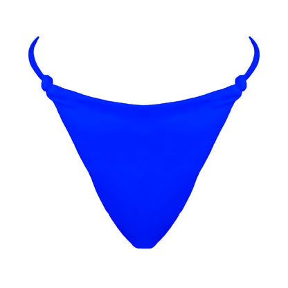 Royal blue Skinny side strap mid rise bikini bottom with tie knot details, high cut sides and cheeky coverage.