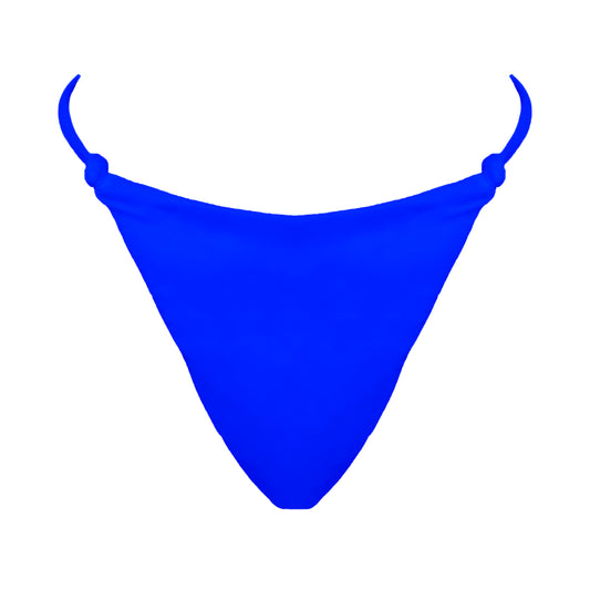 Royal blue Skinny side strap mid rise bikini bottom with tie knot details, high cut sides and cheeky coverage.