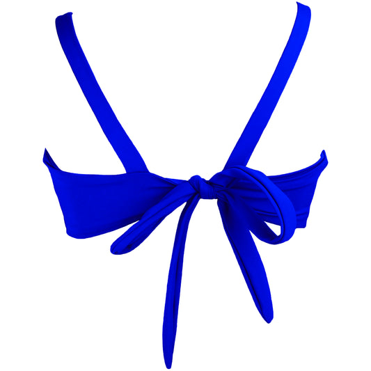 Back view of Royal blue Bralette style bikini top plunging knot v-neckline and adjustable tie back straps. 